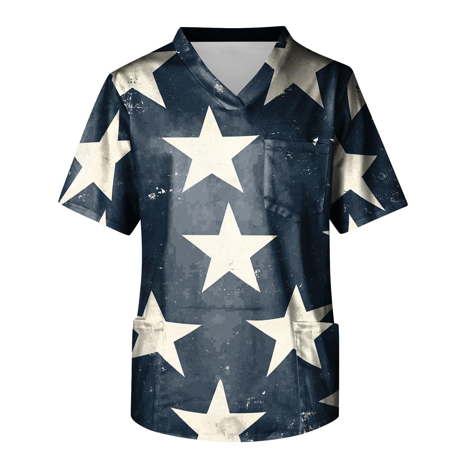 

Men s V Neck Scrub Top with Front Pocket Independence Day Print Comfortable Fit Medical Nursing Work Shirt M