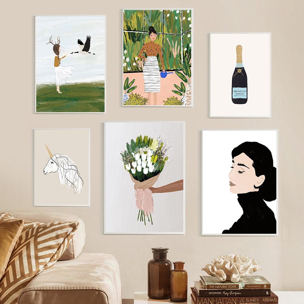 

Просекко Вино Шампанское Искусство Печать Плакаты Хепберн Настенные рисунки Девушка и гусиный холст Живопись Еда Любовник Спальня Домашний декор