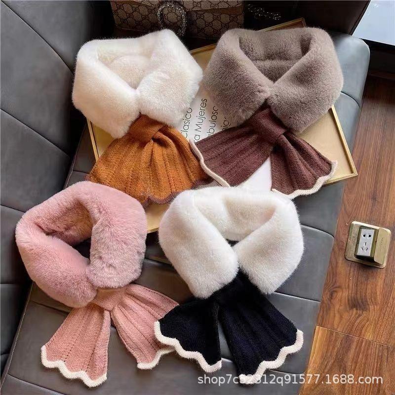 Korean Style Furry Neck Gaiter Women Autumn Winter Thickened Fish Tail Cross Fur Collar Faux Rex Rabbit Fur Warm Knitted Plush Neck Cover