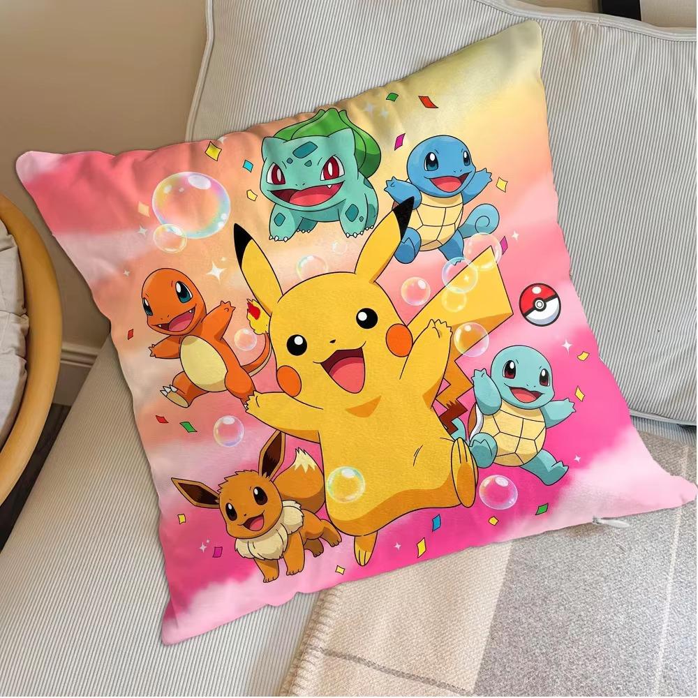 Kawaii Cartoon P-Pokemon Double Sided Pillow Cover, Square Decorative Cushion Case for Living Room Sofa Bedroom Home Decor Gift