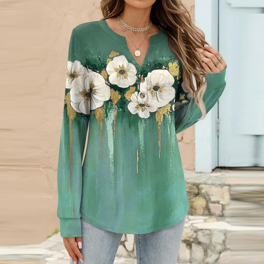 Women's Fashion Casual Floral Print Long Sleeve T-Shirt Pullover Top
