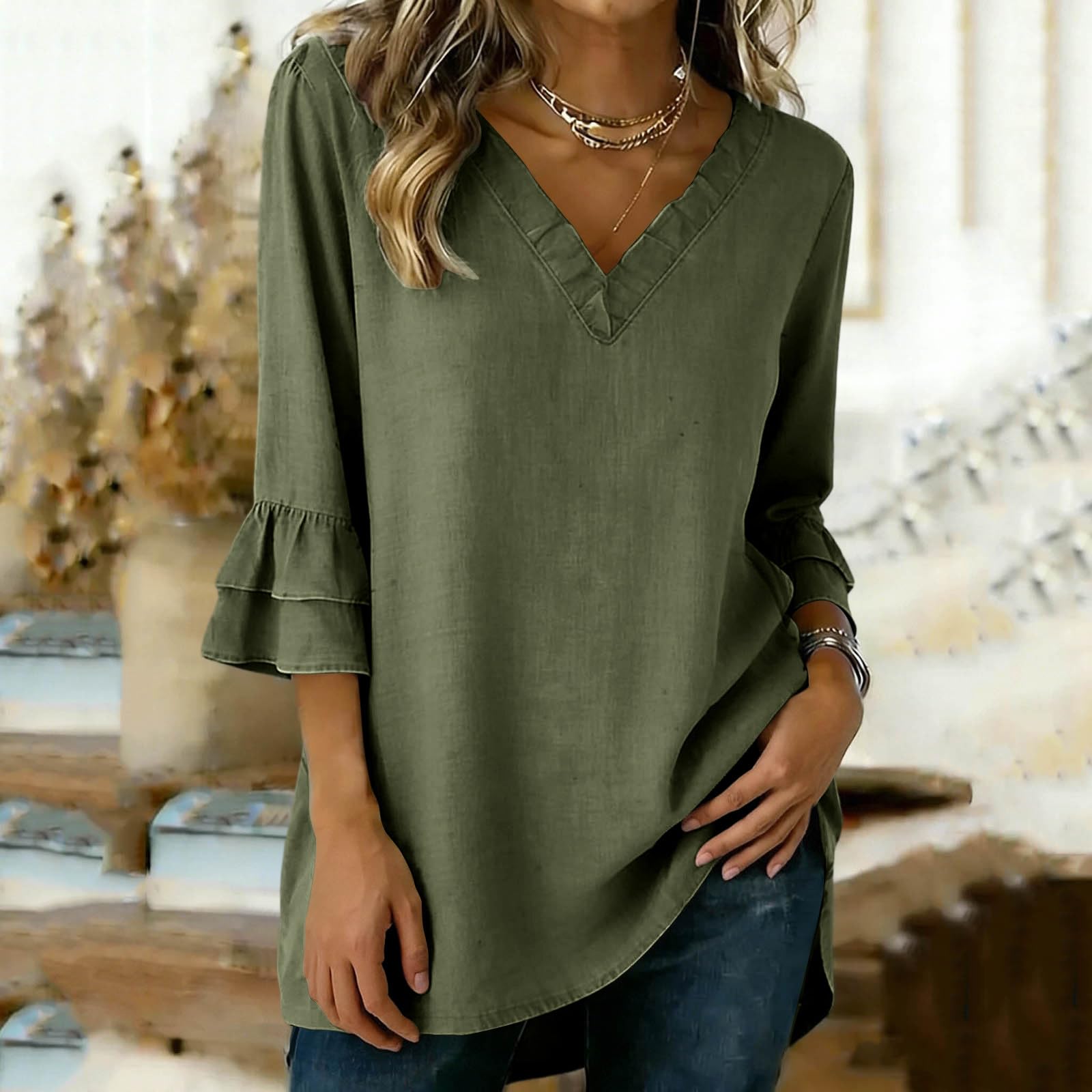 

Womens Ruffled 3/4 SleeveTopsContton Linen V Neck Blouses Loose Casual Shirts L армия зеленый