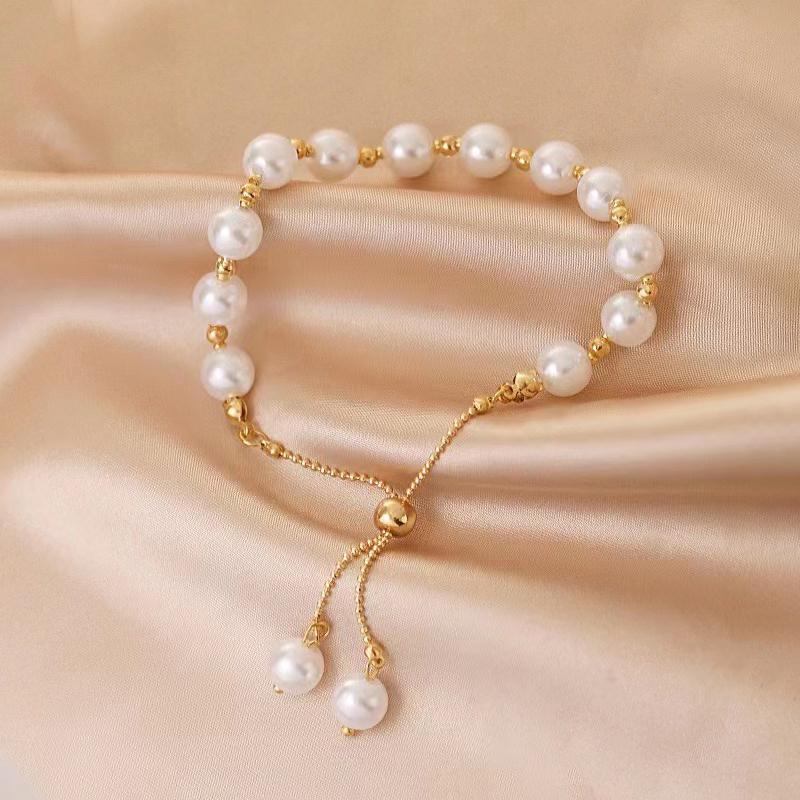 Gold Color Beads Pearls Mixed Adjustable Chain Bracelet Elegant Exquisite Bangles For Women  Jewelry Gift