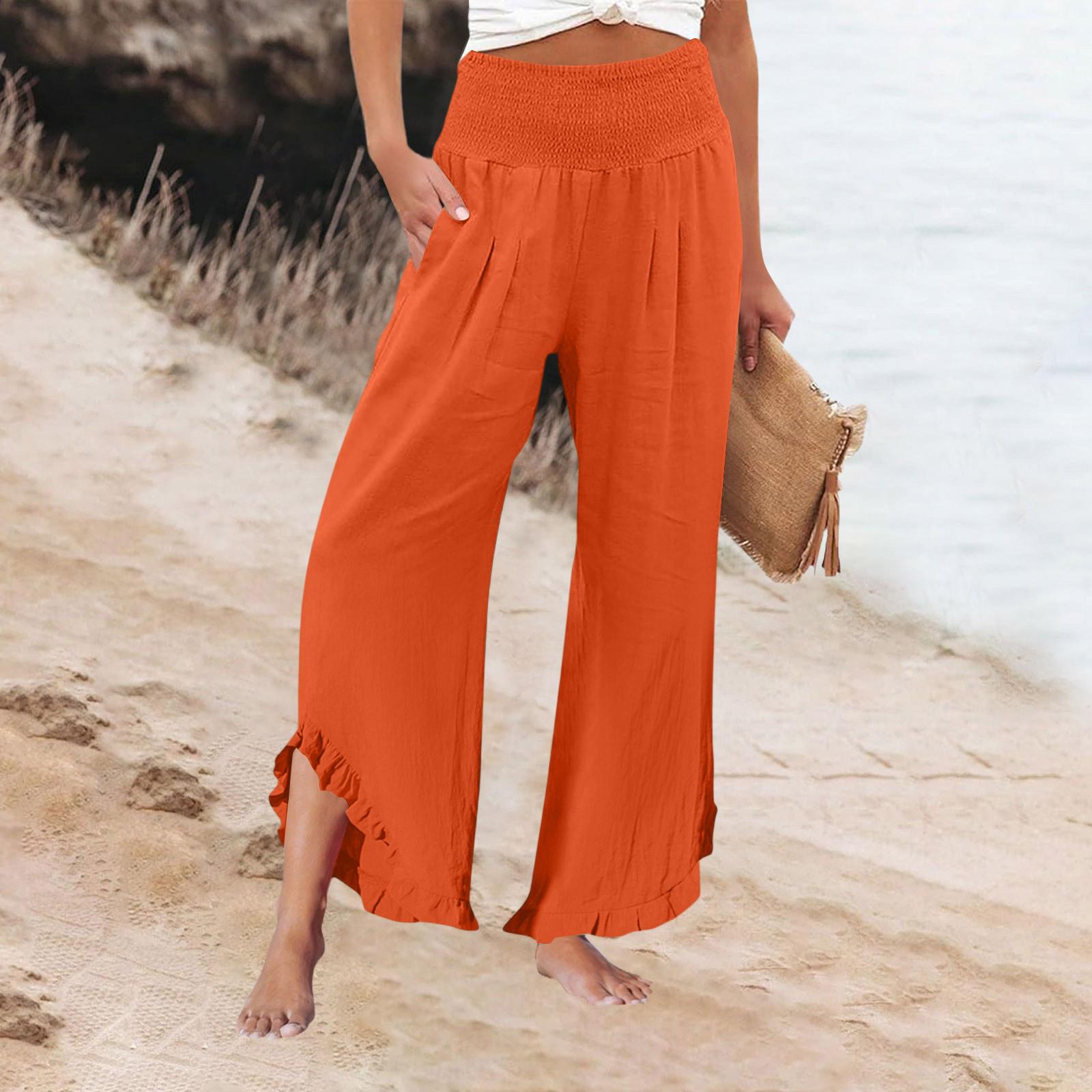

Womens Palazzo Pants Summer Casual Flowy Wide Leg Trousers Beach Travel Vacation Outfits XXXL шафрановий