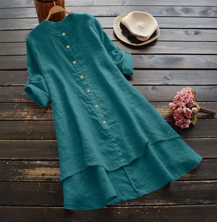 2021 Fall Cotton Linen Women's Long-Sleeve Solid Color Button-Down Shirt
