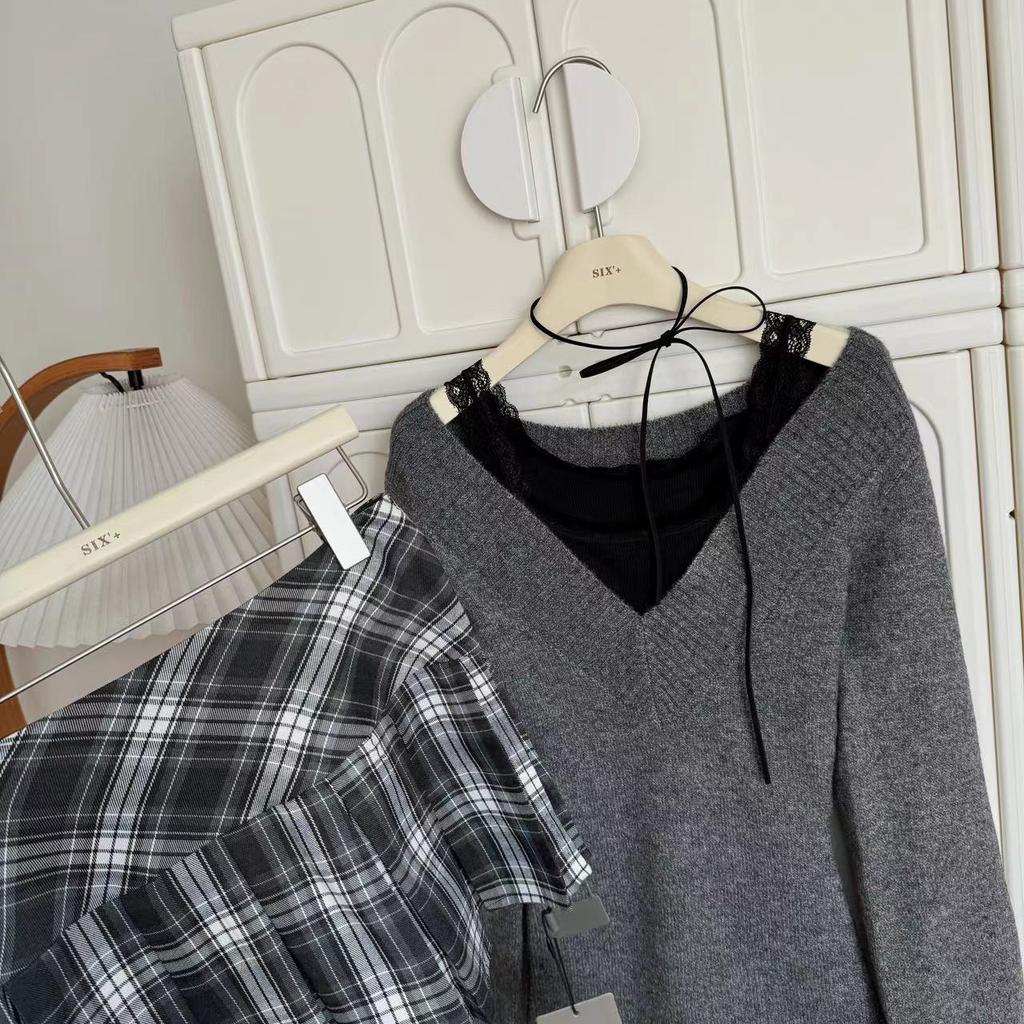 Französisch Retro Elegant Y2k 3-teilige Sets Damen Vintage Einfarbig Langarmpullover + Spitze Lässige Weste + Karierter Schicker Rock Herbst 2024