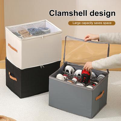 Shoe Storage Box with Transparent Cover Zipper Closure Large Capacity Multiple Compartments Closet Shoe Storage Organizer