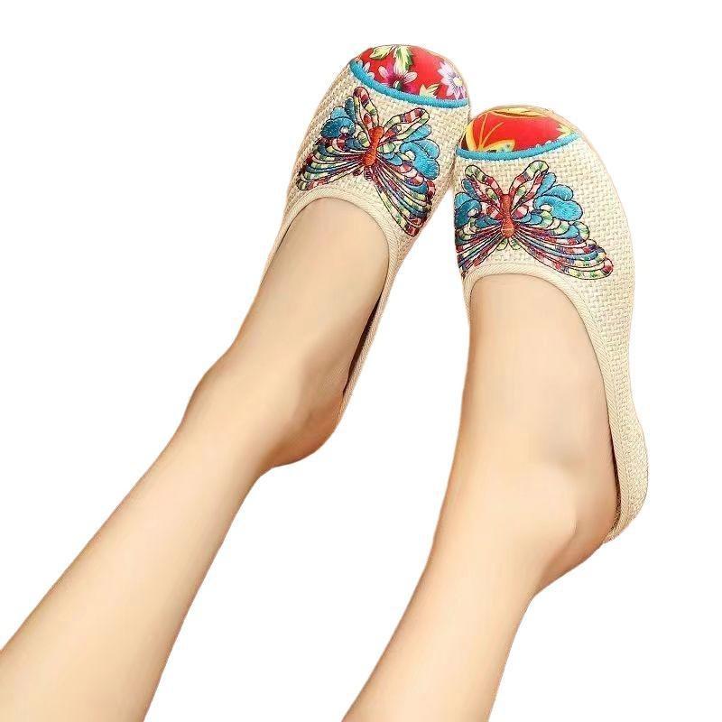 Shoes linen butterfly slippers embroidered beef tendon embroidered shoes baotou new national home retro style embroidery
