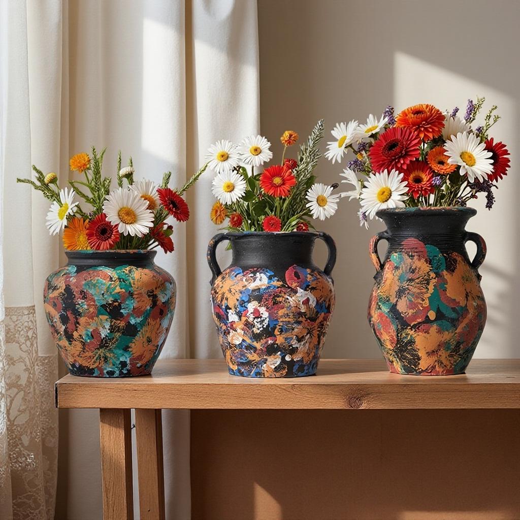 Retro Oil Painting Hand-painted Flower Pot Ceramic Vase Coarse Pottery Retro Flowerpot Flower Arrangement Home Decoration