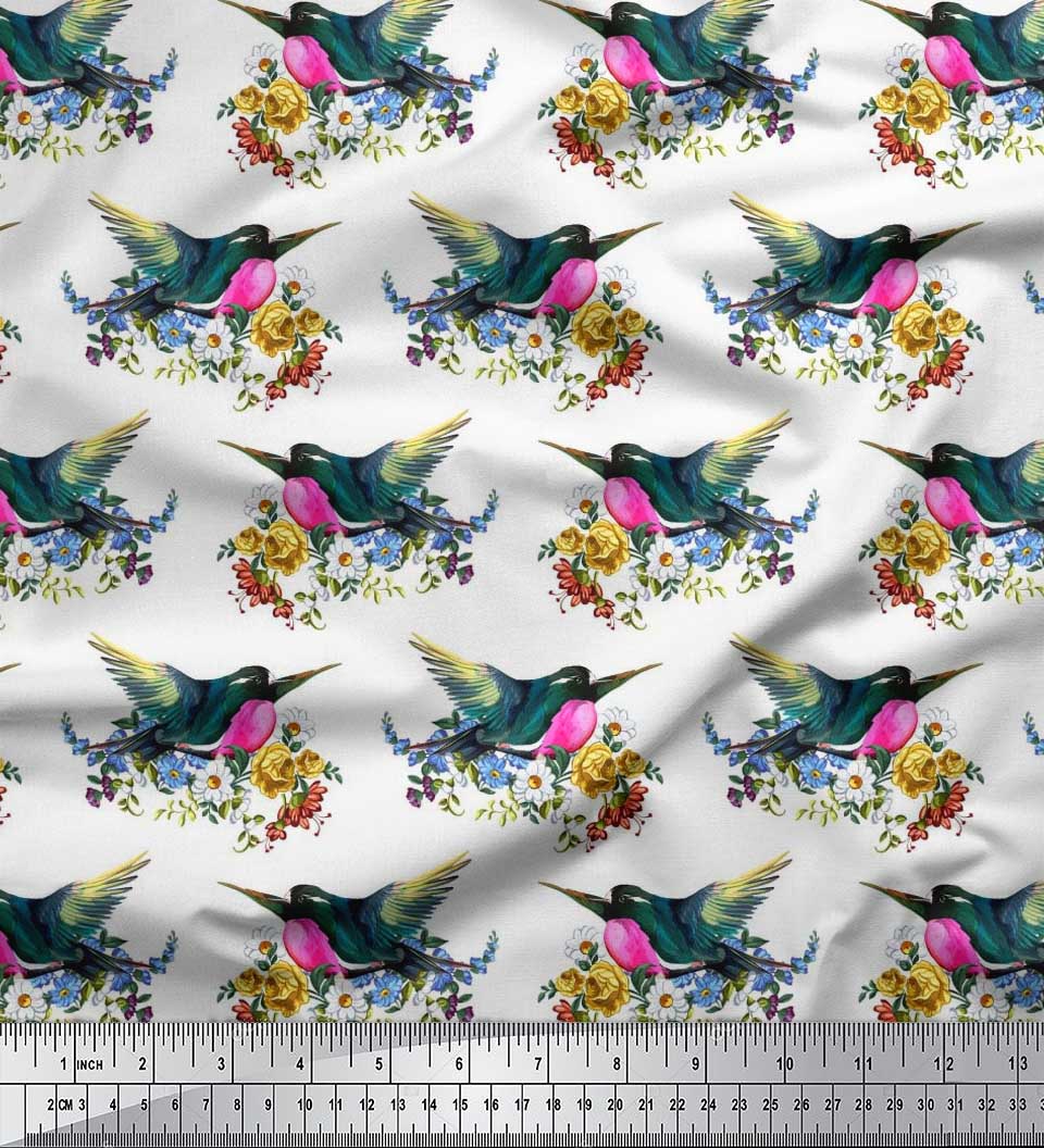 

Тканина Soimoi Japan Crepe Satin Leaves, Floral & Robin Bird Print Тканина на метр 42 дюйма 42 Inch Wide - Poly Crepe білий