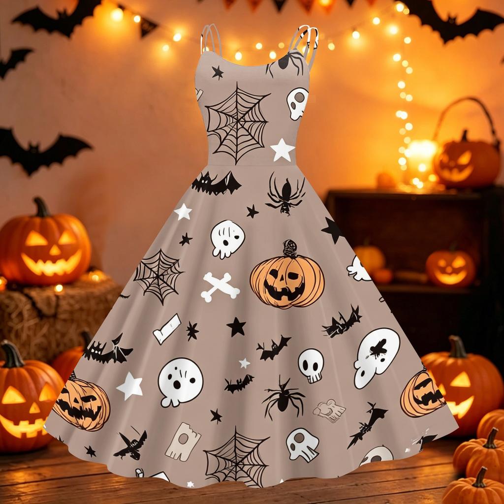 Women's Halloween Print Off Shoulder Dress Vintage Punk Style Sleeveless Spaghetti Strap Swing Dress with Flared Skirt for Party