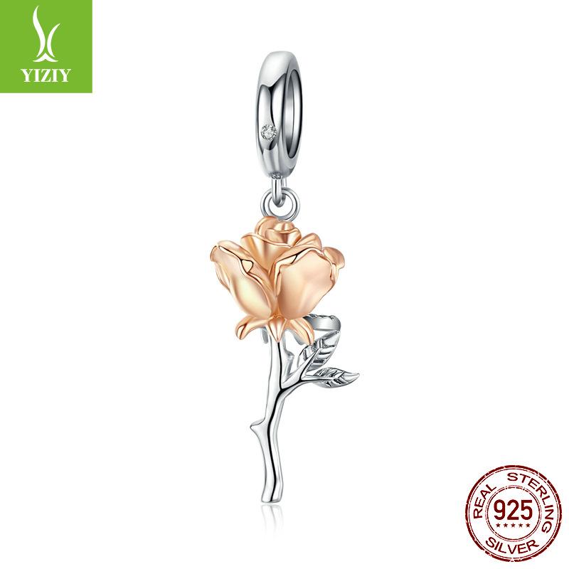 S925 Silver Lover Rose Pendant, Romantic Valentine'S Day Electroplated Rose Gold Beaded Bsc145
