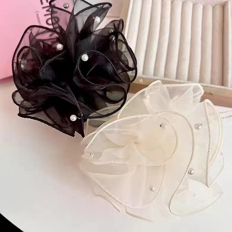 Koreanisches Organza Fairy Pearl Haargummi mit Spitze Doppellagig