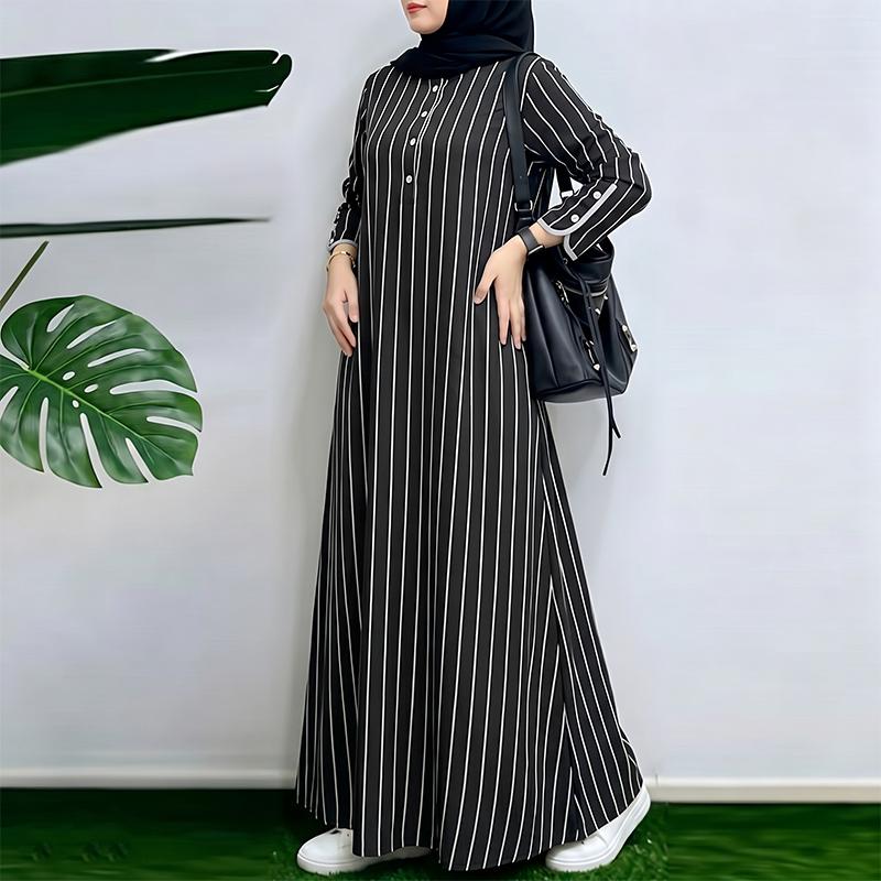 ZANZEA Women Muslim Casual Round Neck Loose Long Sleeve Stripe Print Long Dress
