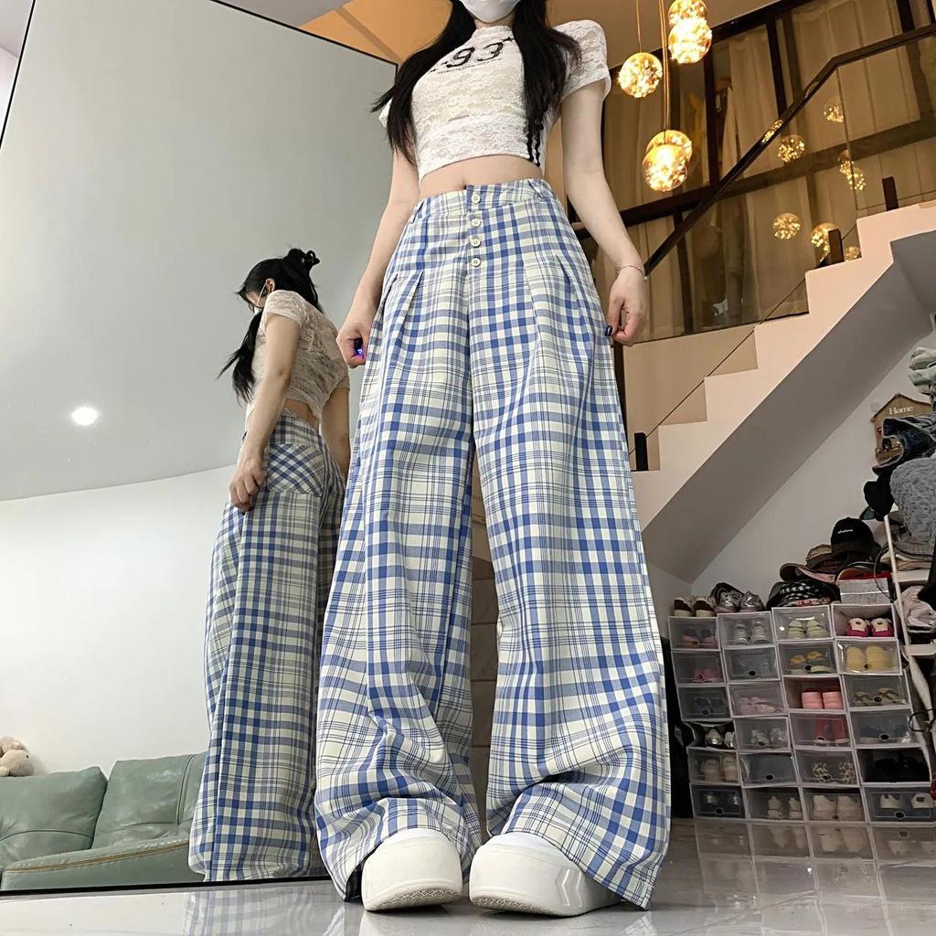 Women's High-Waisted Retro Plaid Wide-Leg Cargo Pants - Summer BF Style