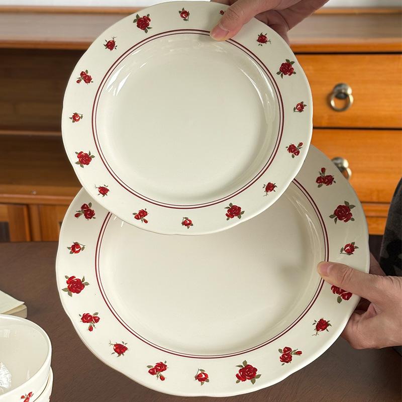 Wild Rose High Value Tableware Household Ceramic Bowl Irregular Plate Restaurant Dim Sum Bread Plate Soup Bowl Binaural Bowl