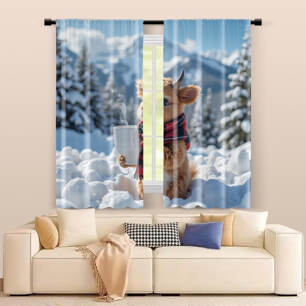 2 pcs   filtering curtains (excluding rods   non-movable   without batteries) A calf drinking  cocoa for use in bedrooms and