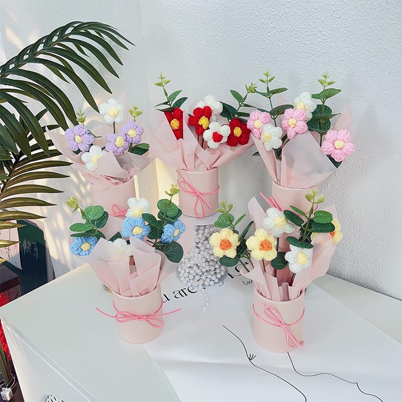 1 Set Hand Knitted Flower Handicraft Crochet Flower Bouquet With Led Light String Artificial Flowers Mother'S Day Gifts