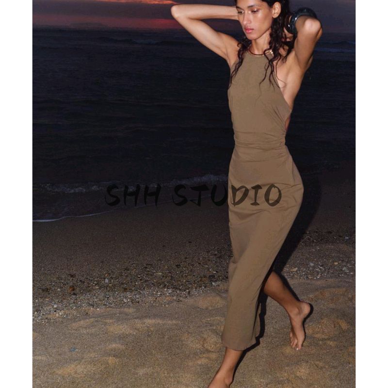 Summer New Product Women's Clothes American Ruched Decorative Accessories Elegant Hanging Collar Midi Skirt Dress 3564092