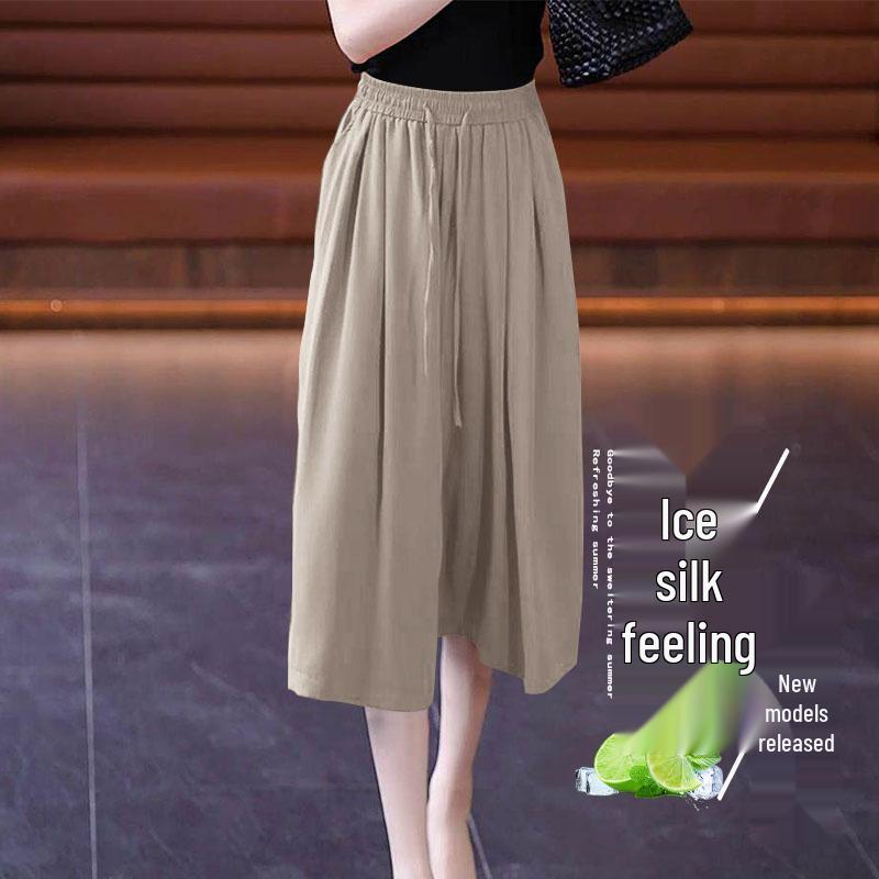 

Plus Size Women s Ice Silk Drawstring Skort: Slimming Wide-Leg Seven-Point Pants for Spring & Summer XL (120-140 lbs)