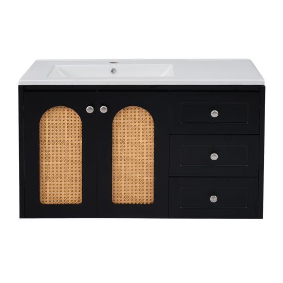 Bathroom Sink Cabinet with 3 Drawers Modern Black Rattan Element Heavy Duty Lavatory Wall Mount Ceramic Wash Basin Vanity Cabinet