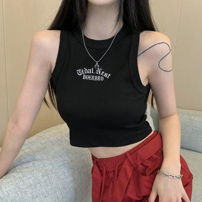 Frauen Streetwear Y2k Brief Stich Stickerei Tank Top mit Pad Sexy Ärmelloses Sportliches Crop Top