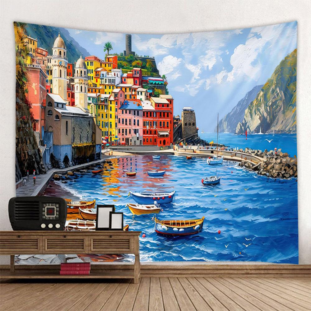Sea View Oil Painting Printed Tapestry Wall Hanging Living Room Bedroom Wall Decoration Outdoor Picnic Bed Sheets Beach Mats