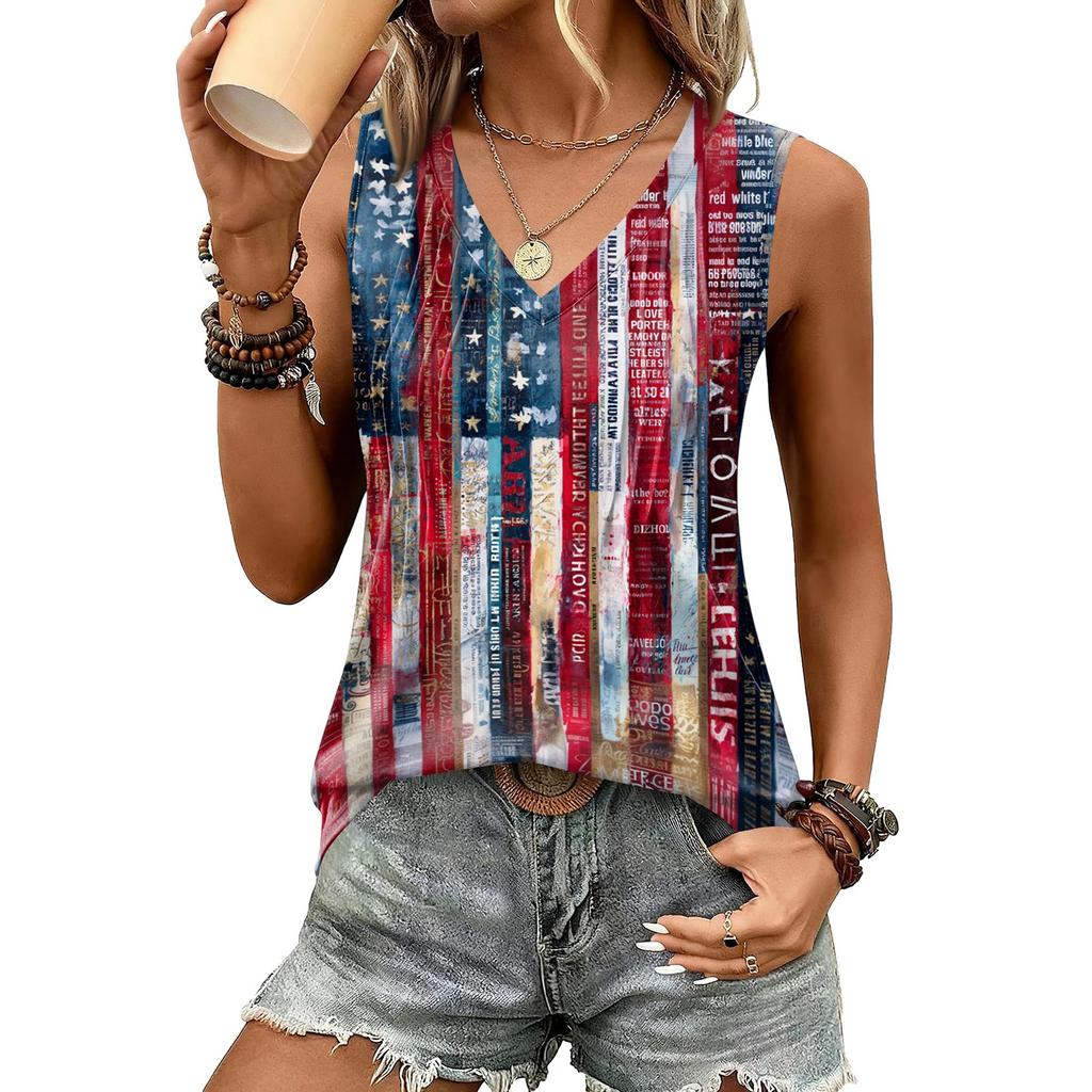 Women's Sleeveless V Neck Tank Top Loose Fit Pleated Star Print Independence Day Shirt Summer Casual Blouse