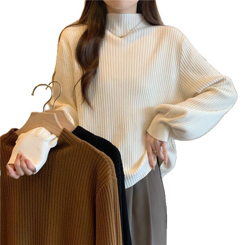 Damen Plus Size Rippstrick Hoher Kragen Langarm Schlankmachendes Warmes Oberteil für Herbst Winter
