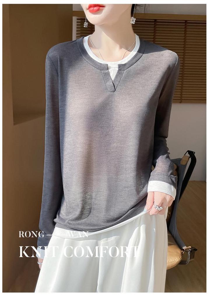 Women's Faux Two-Piece Color Block Knit Top with Round Neck and Long Sleeves - Spring Collection