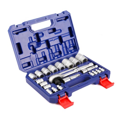 WORKPRO 22-Piece Socket Wrench Set, Garage Tool Set with Ratchet Wrench, 12.7mm, 9.5mm, and 6.35mm Drives, 3-in-1 Ratchet Wrench Handle, Motorcycle an