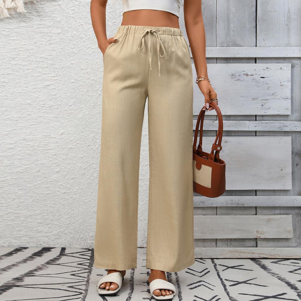 Women's Fashionable Color High Waist Casual Drawstring Pocket Loose Wide Leg Pants