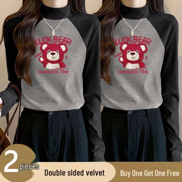 Two-Piece Women's Velvet Color Block Semi-High Neck Warm Slim Fit Shirt