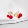 Simple Cute Red Cherry Rhinestone Earrings: Girly Korean and Japanese Design Ear Clips & Studs for Women