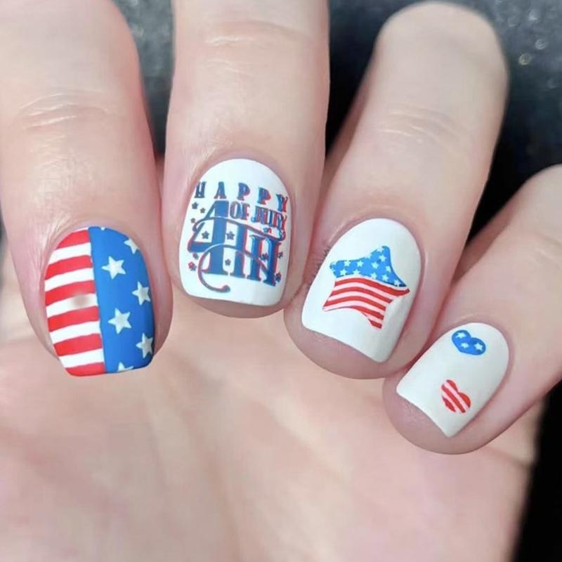 24 Pcs Short Full Cover False Nail Flag Day Stick on Nail Independence Day Press On Nail Manicures Supplies for Woman 1