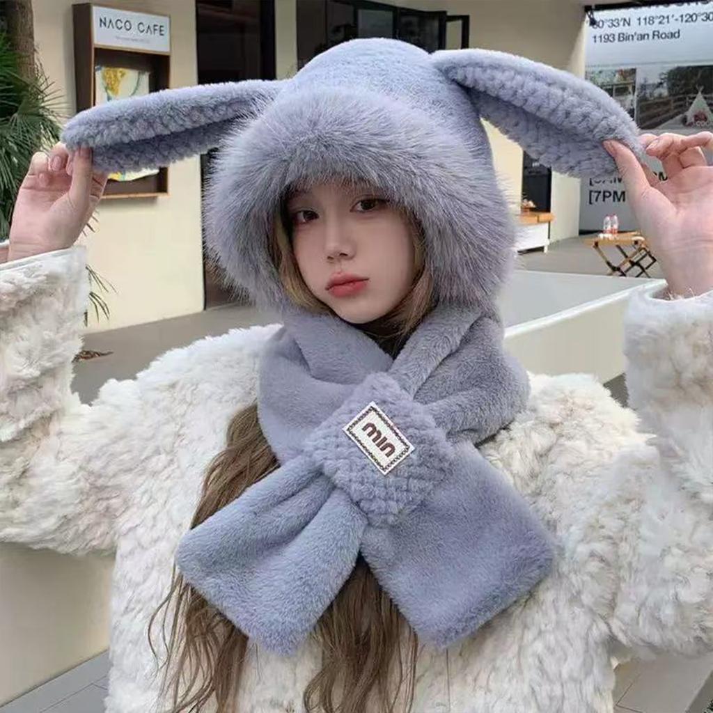 Women's Fleece Bunny Ear Hat Scarf Cute Animal Earmuffs with Neck Warmer Winter Soft Plush Beanie with Long Ears