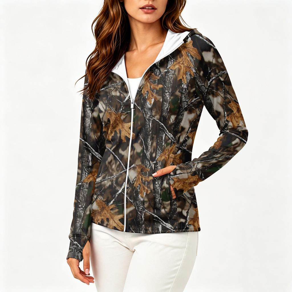 Women Lightweight Zip Up Hooded Jacket with Pockets Long Sleeve Sun Protection Printed Outdoor Activewear