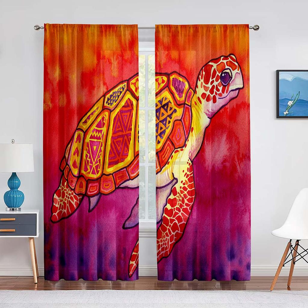 Cartoon Sea Turtle Tulle Curtains for Living Room Decoration Marine Animals Ink Blue Chiffon Sheer Voile Kitchen Bedroom Curtain
