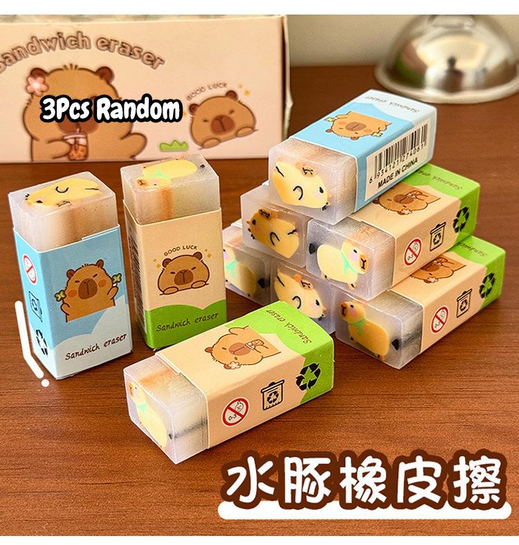 3Pcs/Lot Kawaii Cartoon Capybara Eraser Cartoon Sandwich Painting Eraser Cute Error Correction Pencil Rubber for School Office