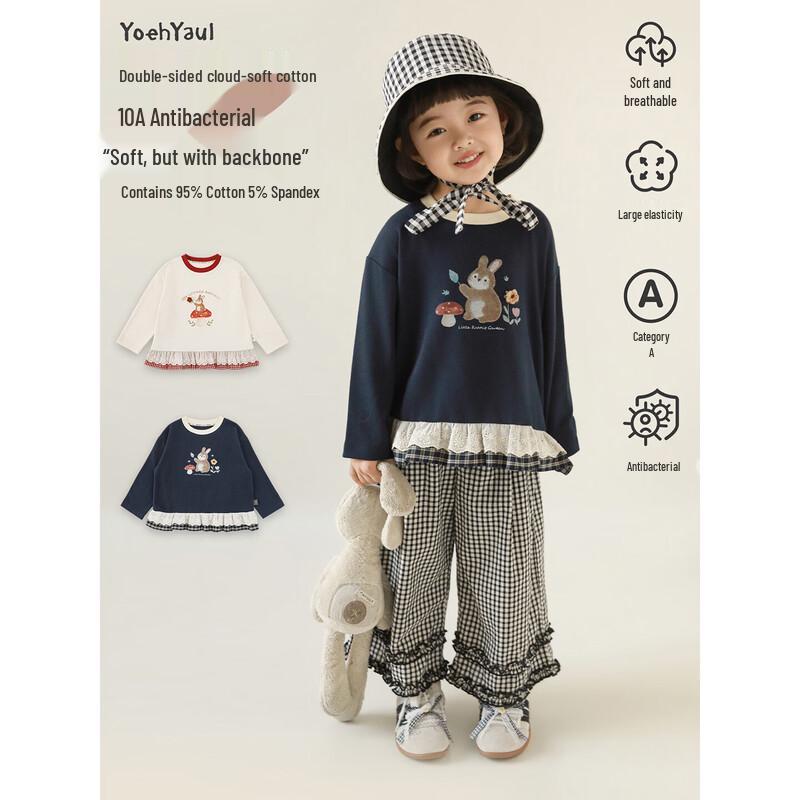 Girls' Long-Sleeve Cartoon Faux Two-Piece Lace T-Shirt