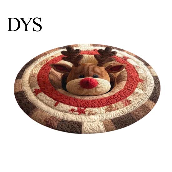 Cozy Indoor Floor Covering Christmas Round Rug, 3D Illusion Mat, Holiday Winter Carpet, Soft Gnome Deer Crystal Velvet Mat Santa House Festive Rug for