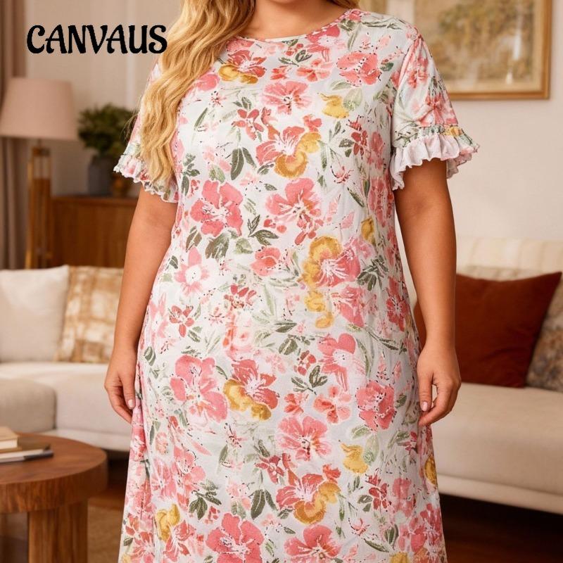 Women's Home Wear Pajama Set - V-neck Lace Patchwork Printed Short-sleeved Long Dress Pajama Set