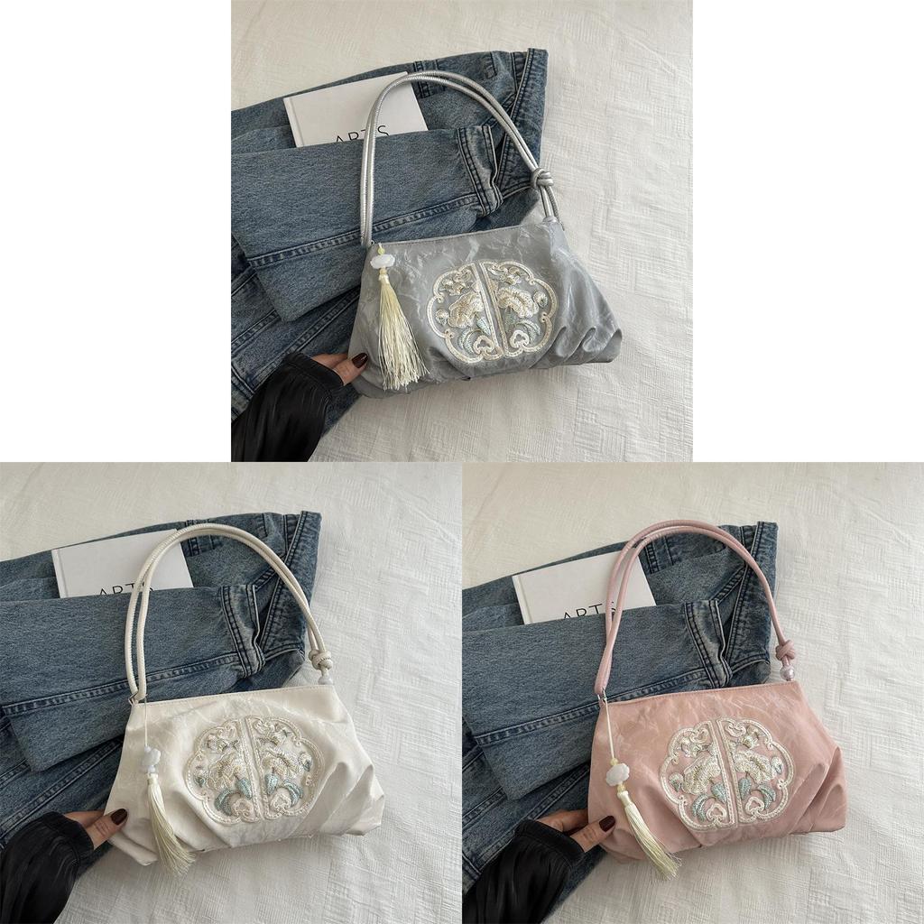Chinese Style Silver Shoulder Bag With Pu Material And Zipper Closure For Daily Use