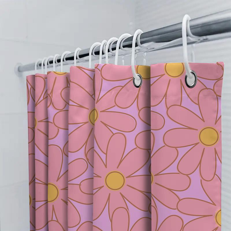 Colorful Bloom Shower Curtain Decor: Pink Daisy Flower Pattern For Bathroom Window Waterproof Fabric Home Decoration Set Include