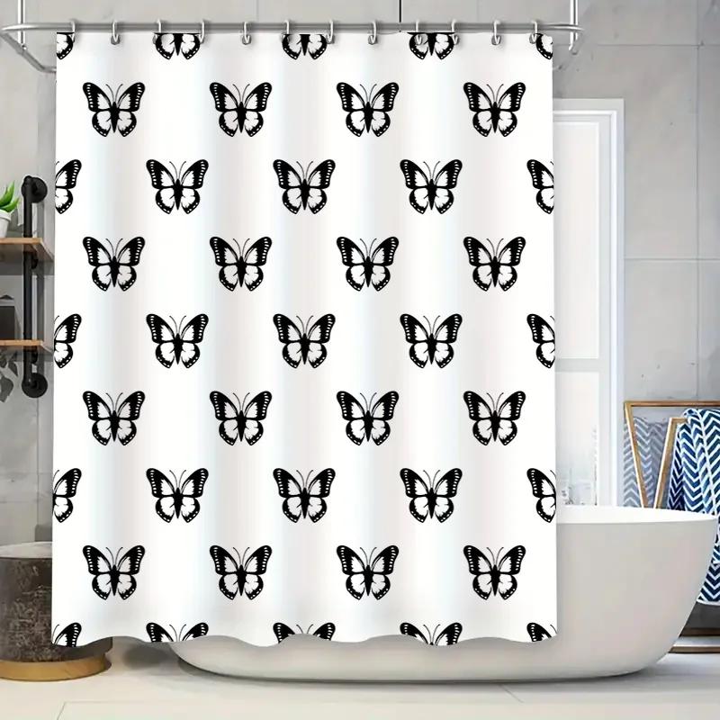 

Black White Butterfly Print Shower Curtain With Black Border Modern Bathroom Decor For Home Bathrooms, Kitchens Or Other Wet Are W60H190(CM)-1 Pcs