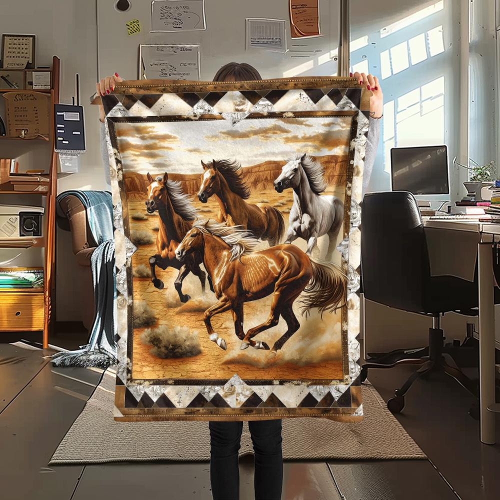 1Pc Horses Painting Print Flannel Blanket, High Quality Comfortable for All Seasons, Home Decor, Warmth and Comfort, Perfect for Christmas Gifts