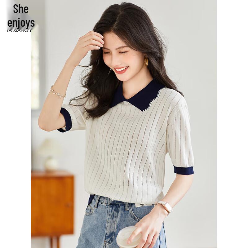 Women's Doll Collar Color Block Knit Short Sleeve T-Shirt