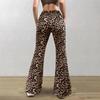 Womens High-Waist Knit Flare Pants With Leopard Print Stretch Waistband Casual Sexy Slim Fit Trousers