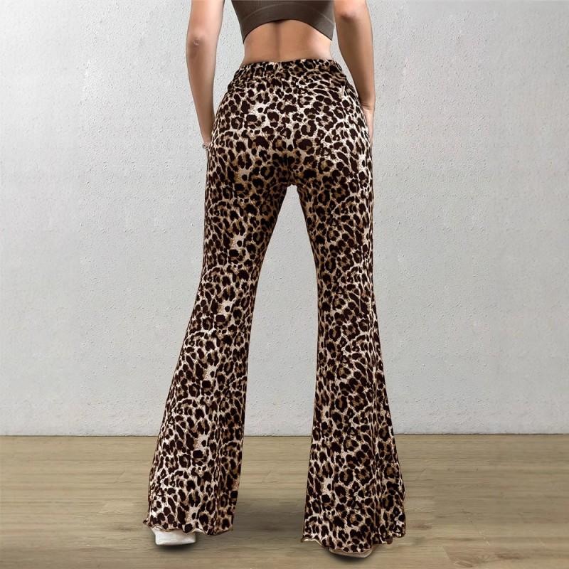 Womens High-Waist Knit Flare Pants With Leopard Print Stretch Waistband Casual Sexy Slim Fit Trousers