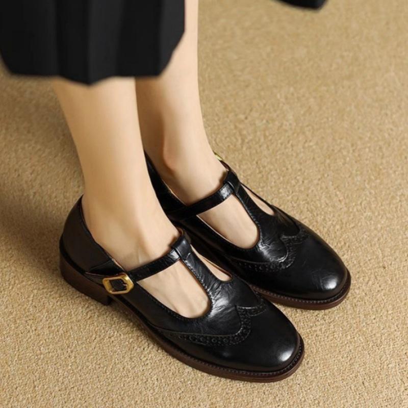 Fashion British Style T-strap Mid Heels Loafers Carving Leather Women's Shoes 2025 High Quality Round Toe Comfortable Soft Ladies Shoes
